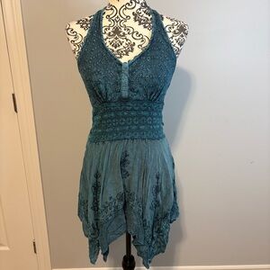 Teal Embroidered Halter Dress